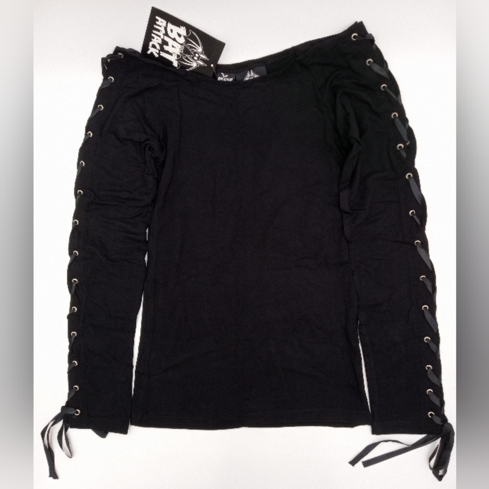 Bat Attack 'Creepy Lolita' Off-the-Shoulder Black Lace Up Top Size S